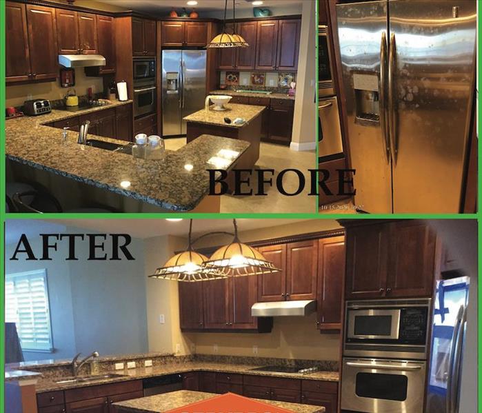 A kitchen of before and after with cabinets. 